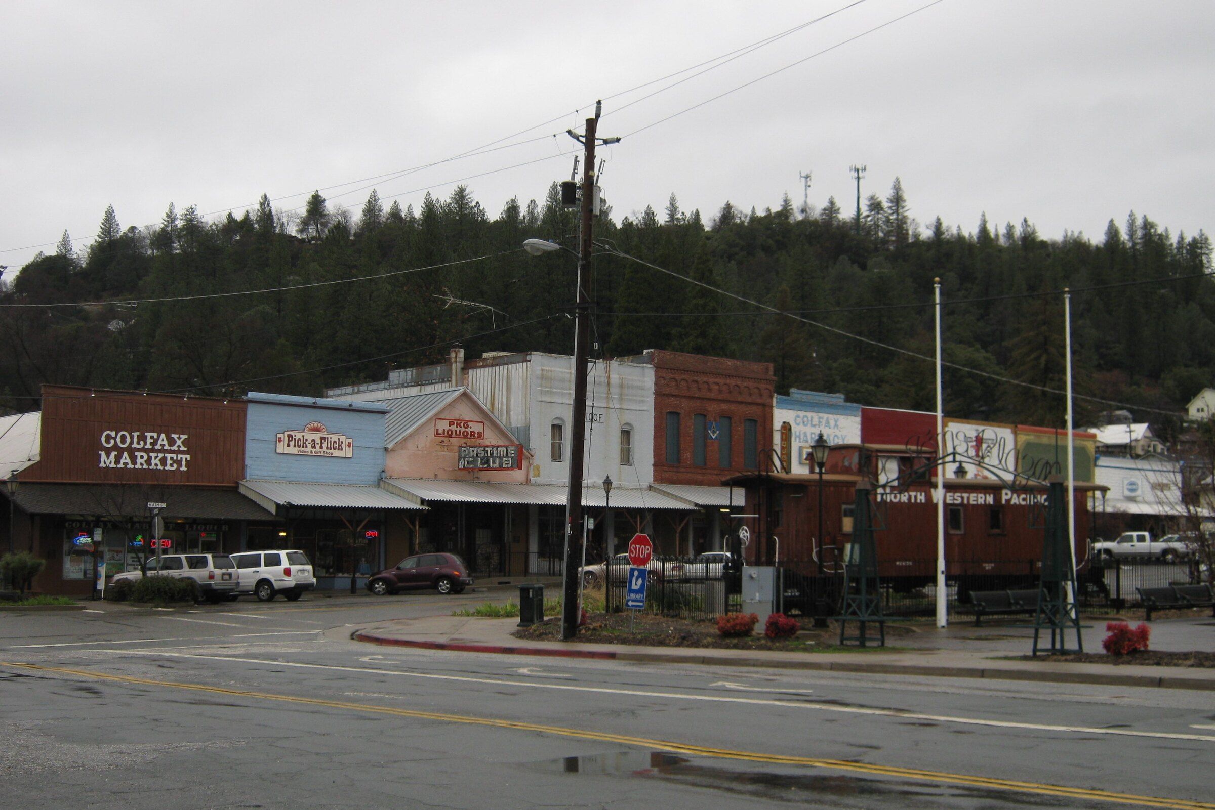 Historic downtown storefronts along the main street in Colfax, California