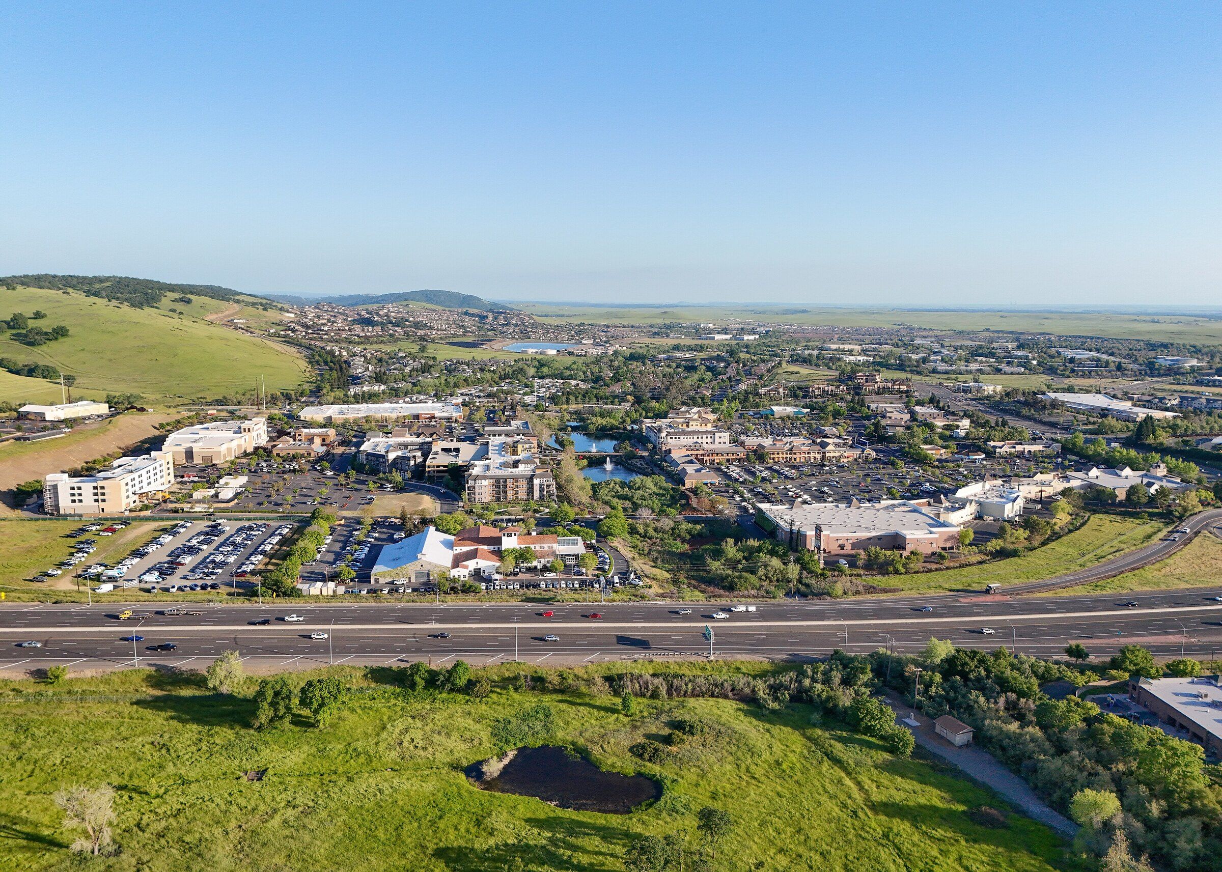 Aerial view of El Dorado Hills neighborhoods and commercial district