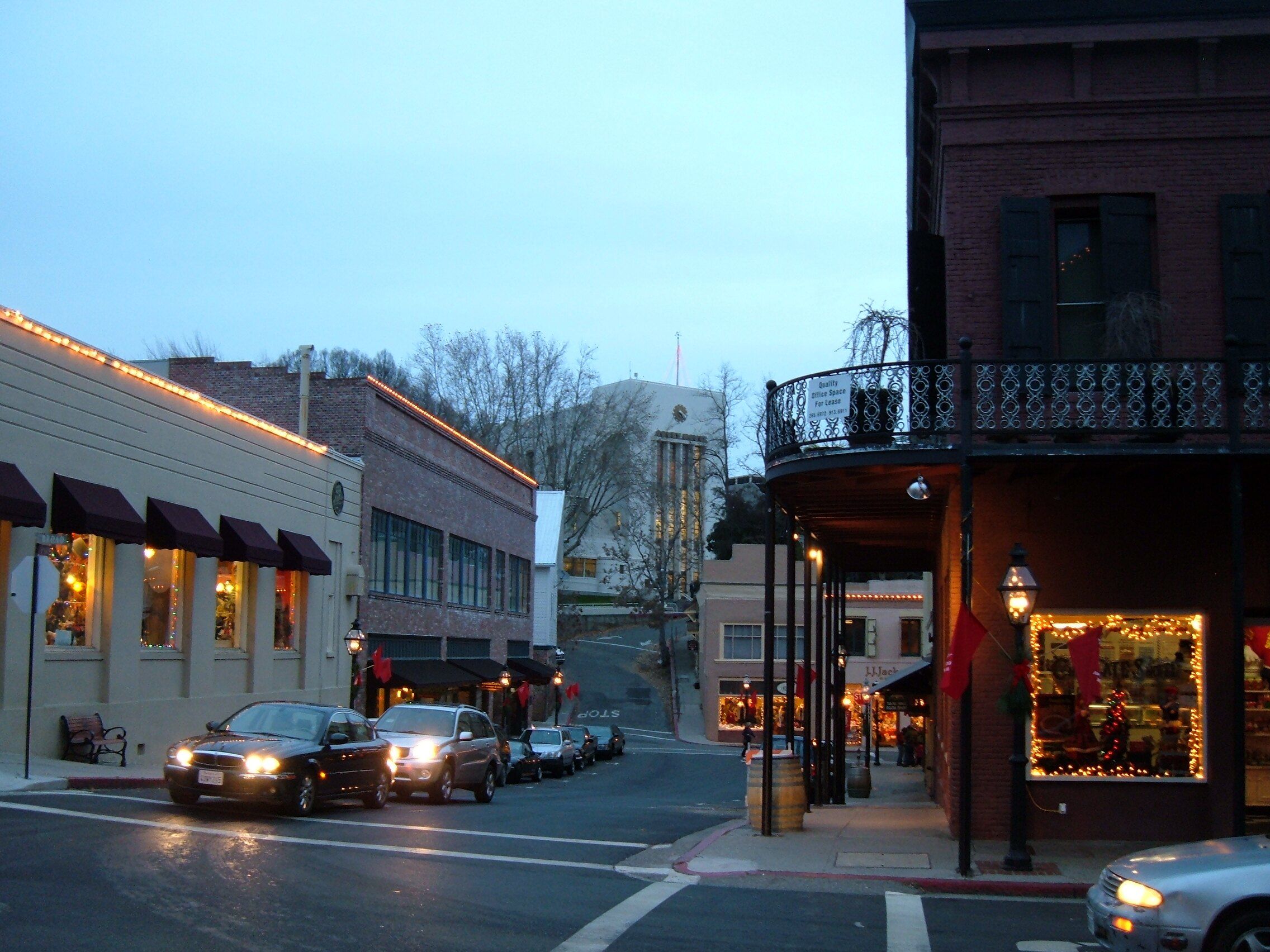 Nevada County Courthouse and downtown Nevada City at dusk