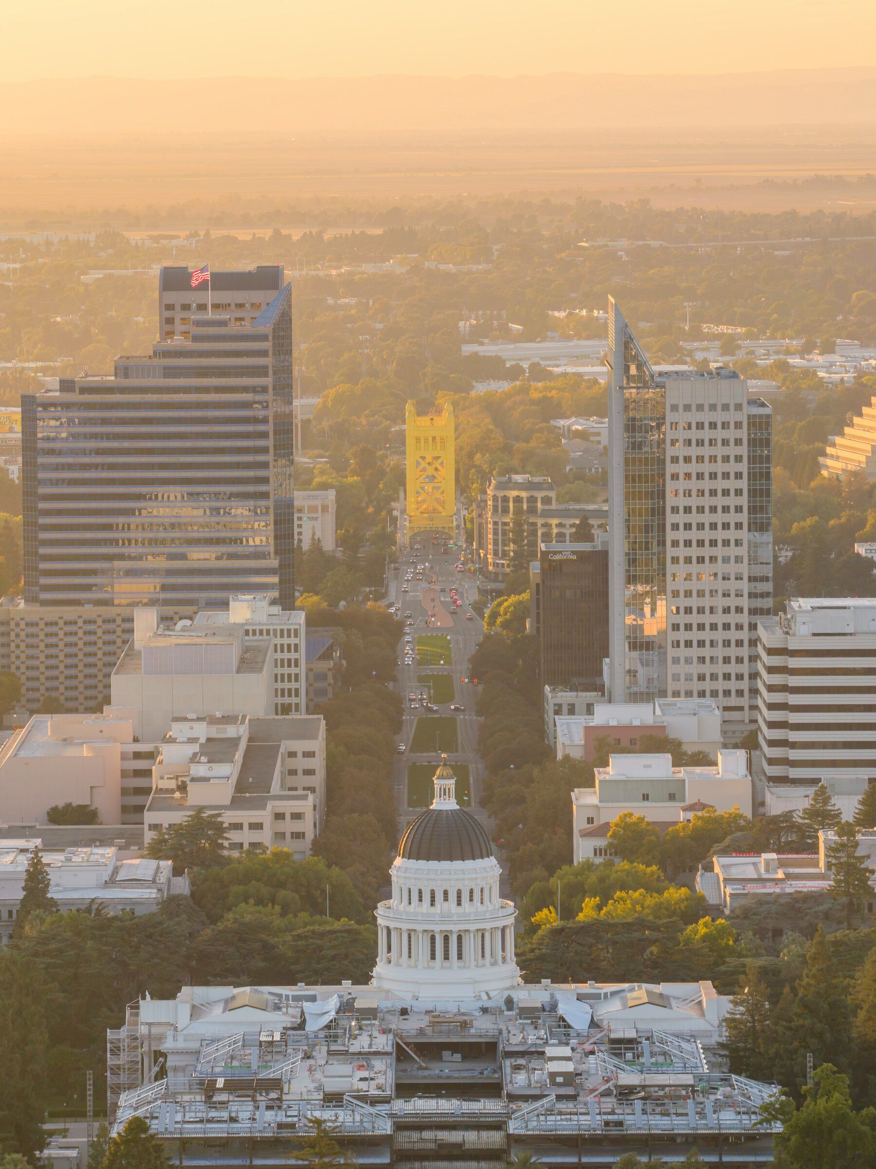 California State Capitol and downtown Sacramento at golden hour